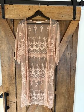 American Eagle XS Sheer Embroidered Lace Cover Up - Tan